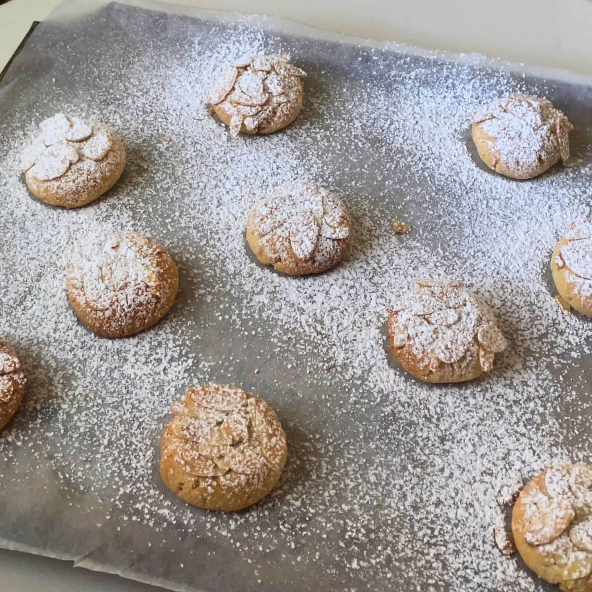 A baking tray with almond cookies dusted with sugar.