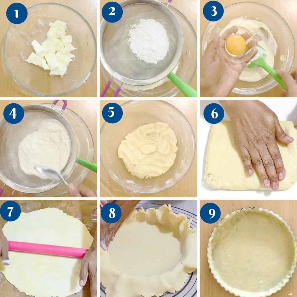 Step by step pictures collage how to make shortcrust for crumble tart.