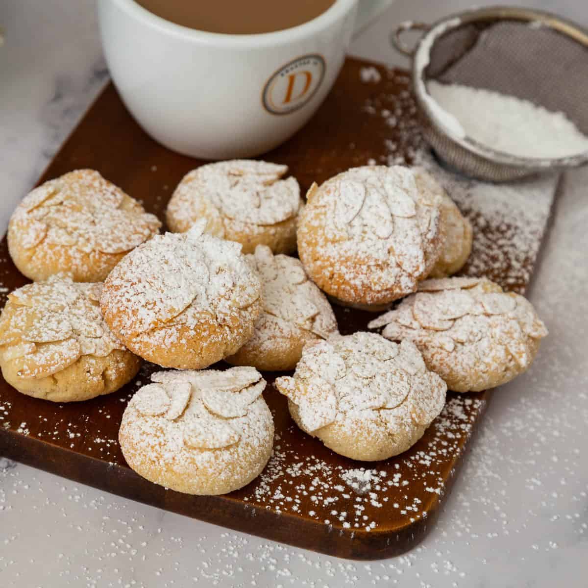 A stack of almond cookies on the table.