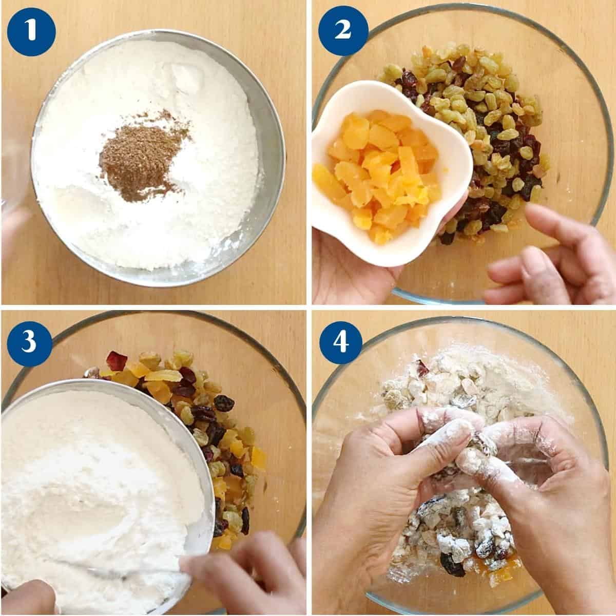 Step by step pictures combine the fruit and nuts for cake.