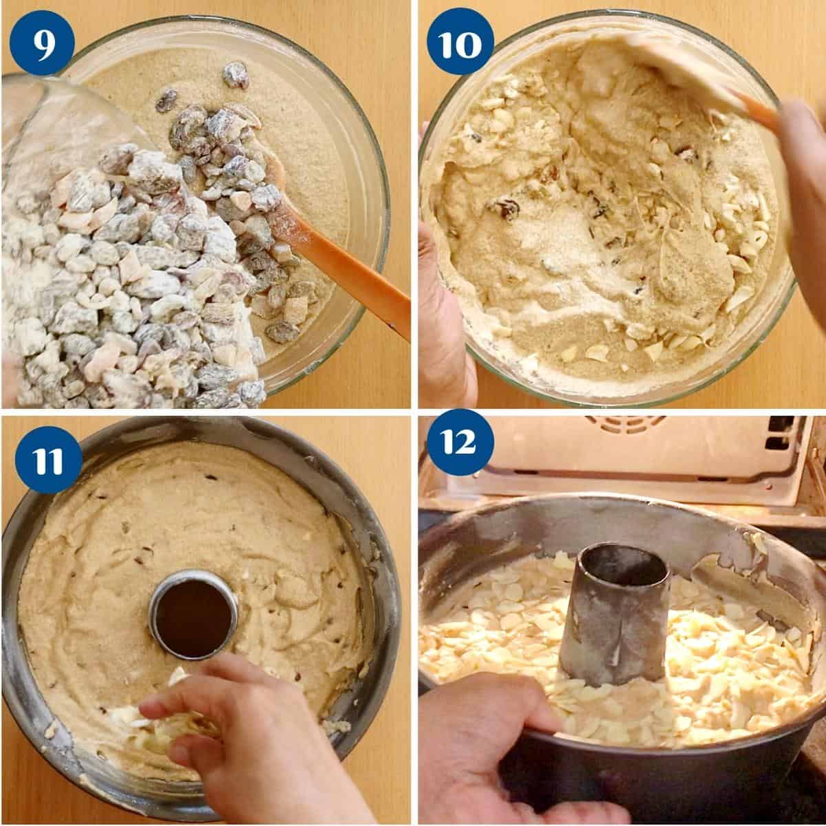 Step by step pictures baking the fruit cake in a tube pan.