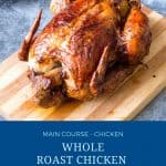 Pinterest image for whole roast chicken in oven.