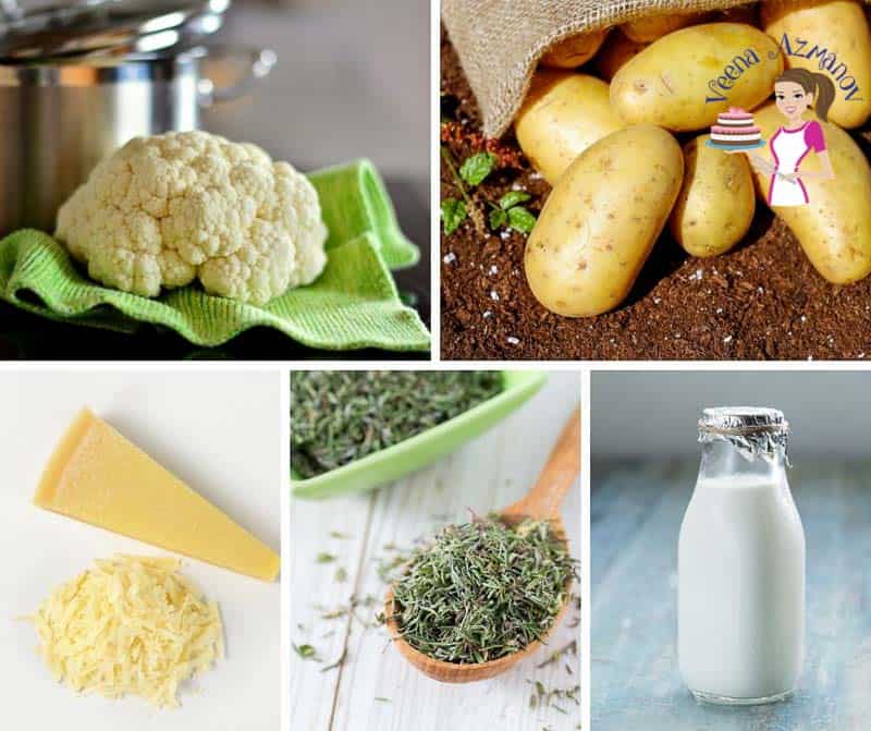 A collage of the ingredients needed to make cauliflower soup.