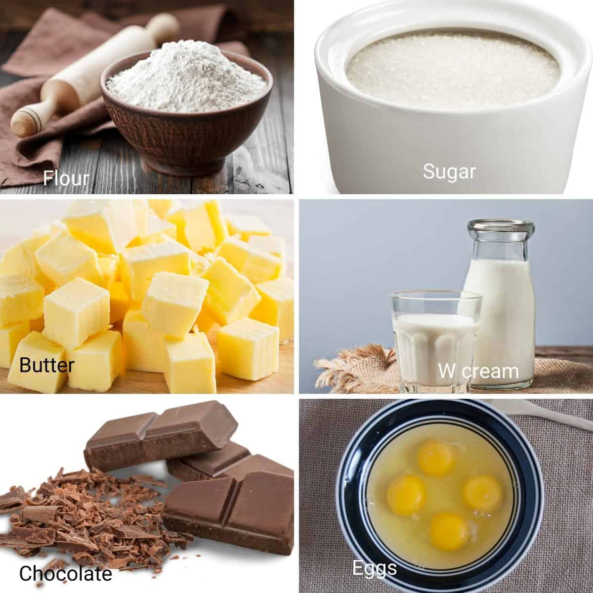 Ingredients shot collage for flourless chocolate cake.