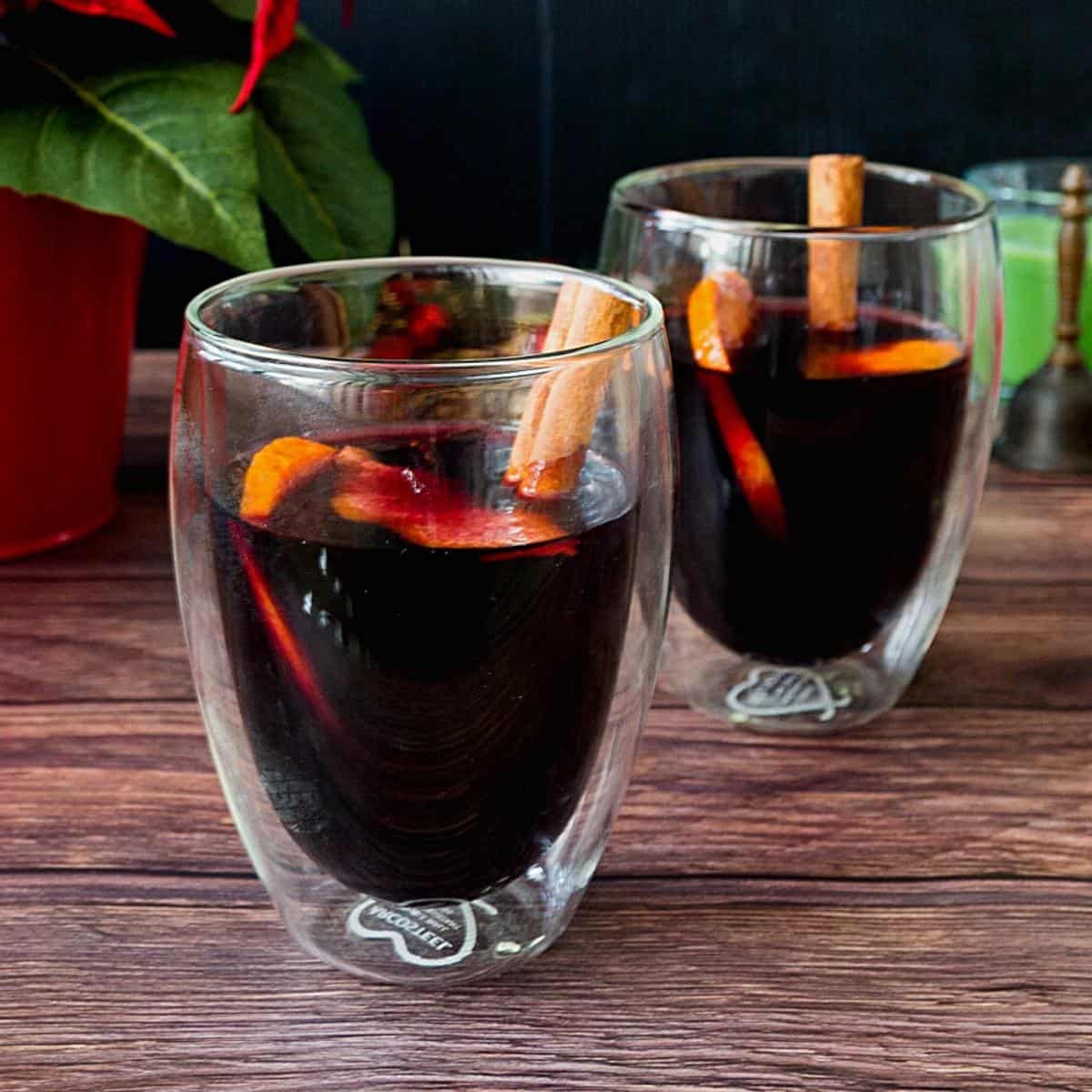 Two glasses with mulled red wine.