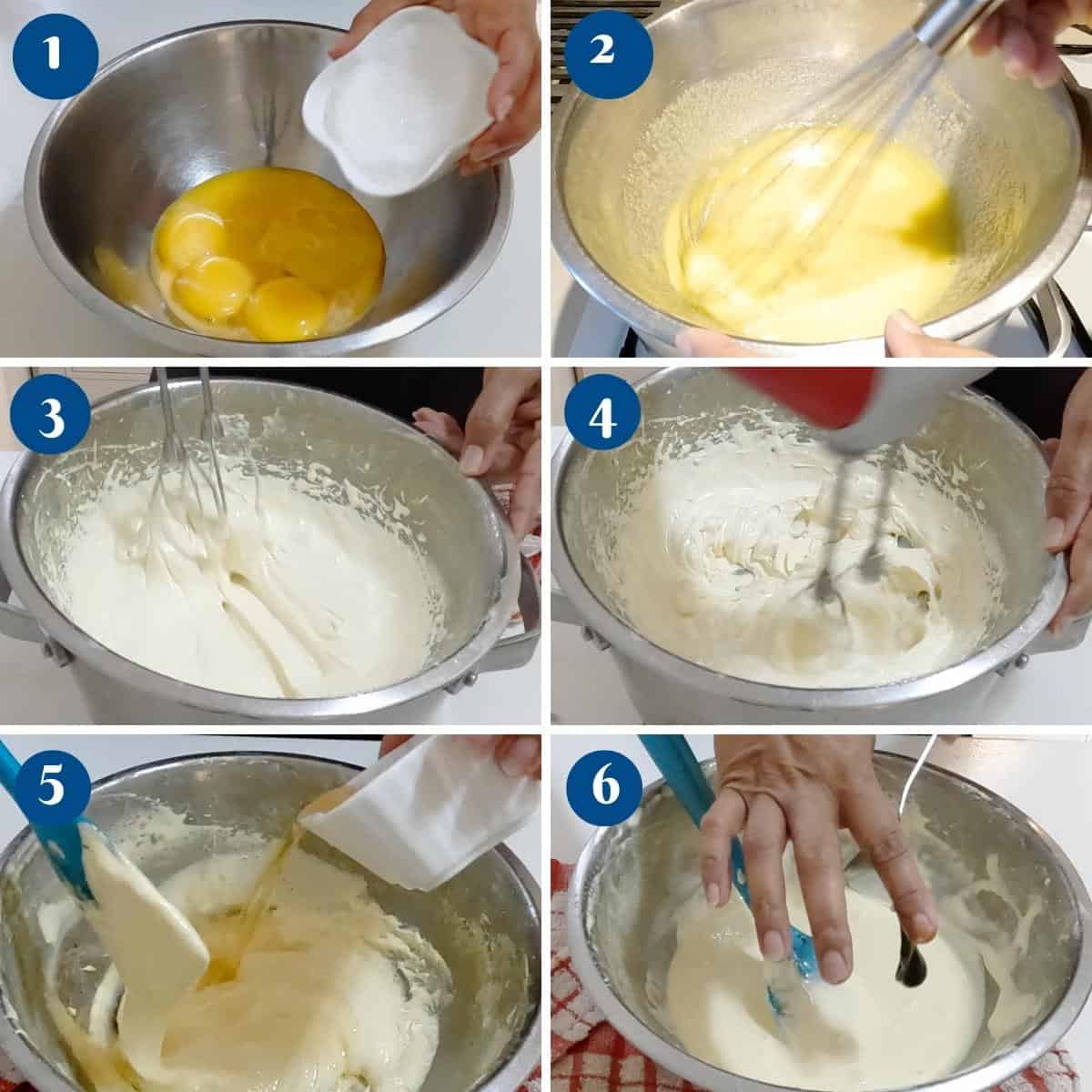 Progress pictures making the egg yolk mixture.