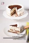 A piece of tiramisu cake on a plate.
