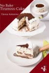 A sliced tiramisu cake on a cake stand, next to a piece of the cake on a plate.