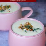 Pinterest image for a cauliflower soup recipe.