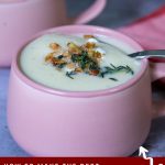 Pinterest image for a cauliflower soup recipe.
