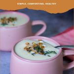 Pinterest image for a cauliflower soup recipe.
