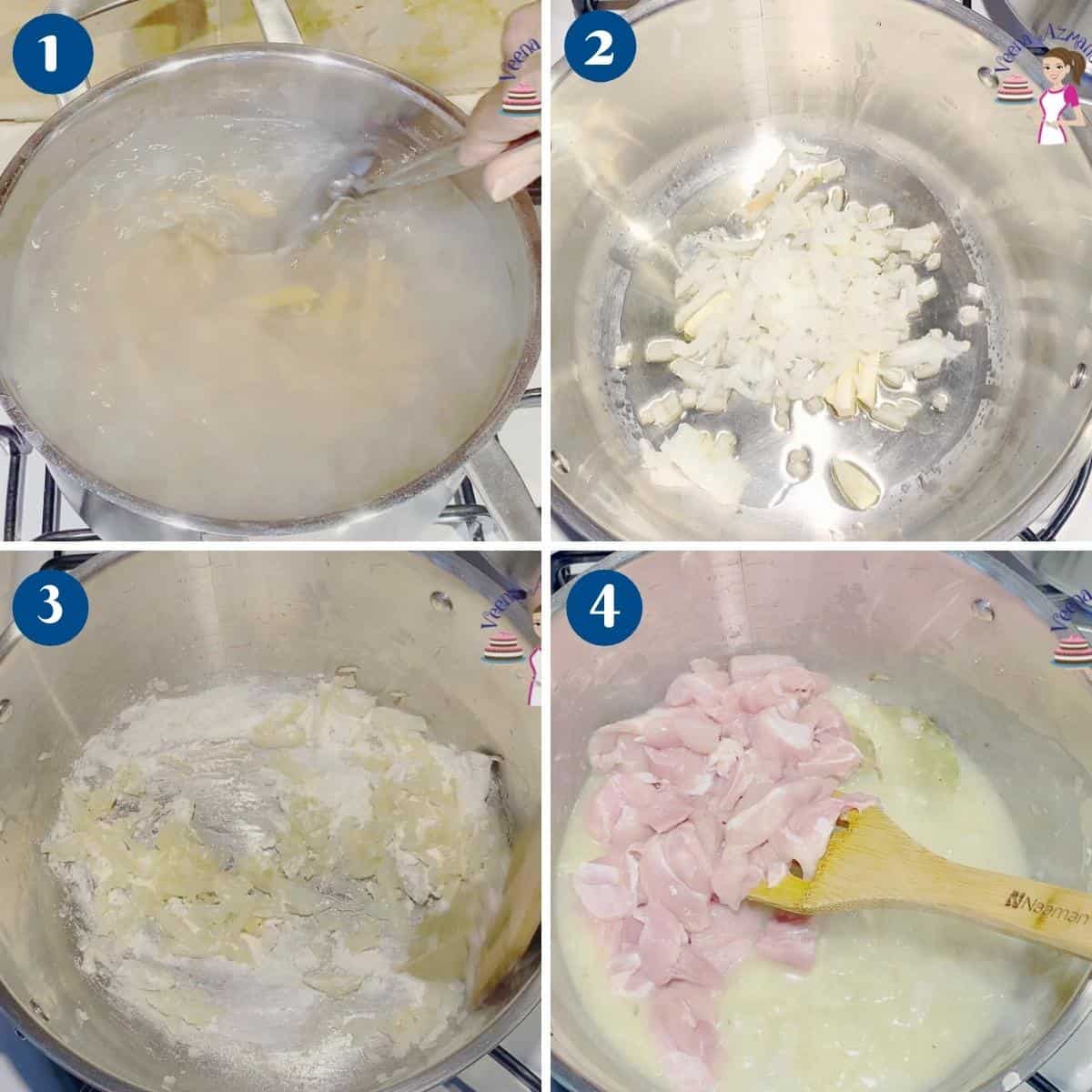 Progress pictures collage for chicken pasta recipe.
