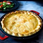 A skillet with chicken pot pie recipe