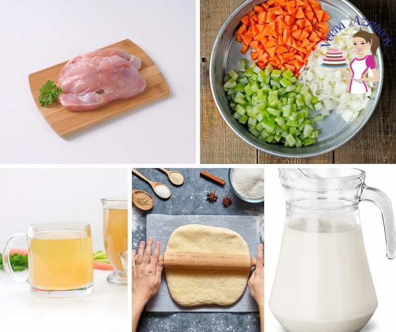 A collage of the ingredients needed to make chicken pot pie.
