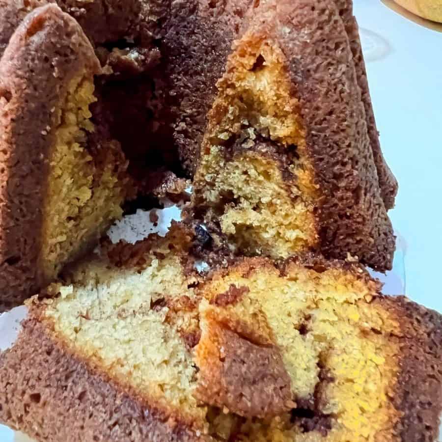 A sliced bundt cake.