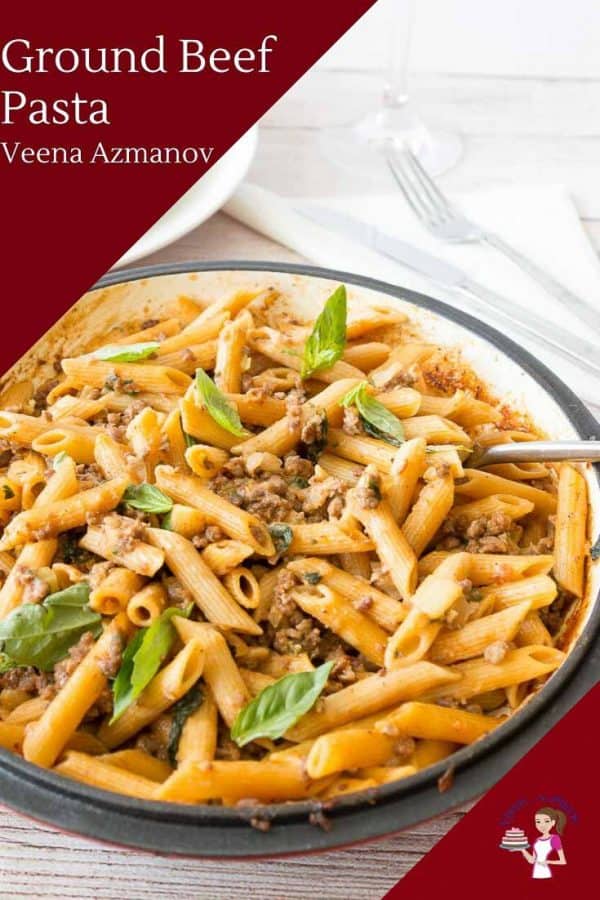 A bowl of pasta with ground beef.