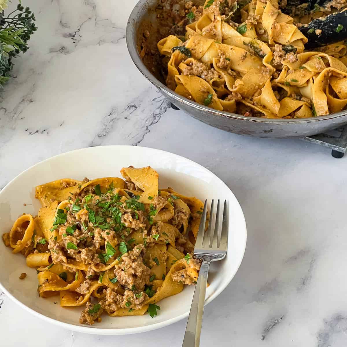 A plate with ground beef sauce and pasta.