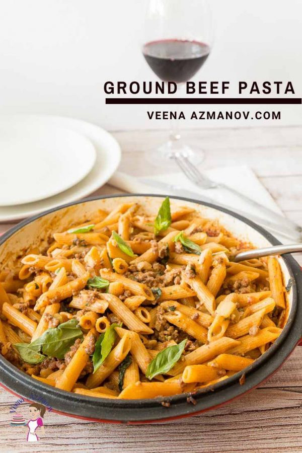 A pan of pasta with ground beef.