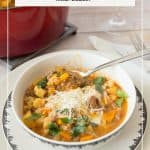 Pinterest image for beef pot pie soup.
