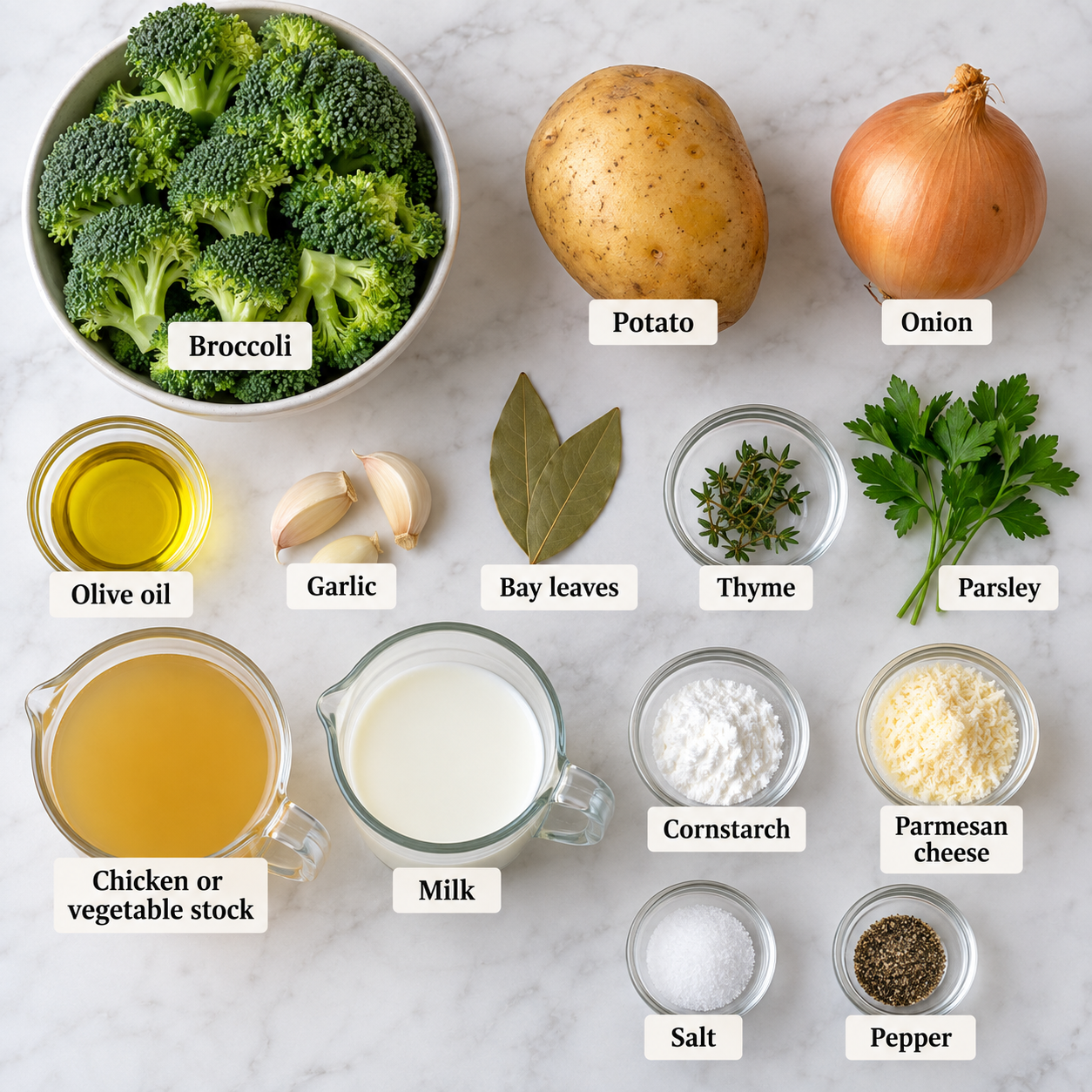 Ingredients for making cream of broccoli soup.