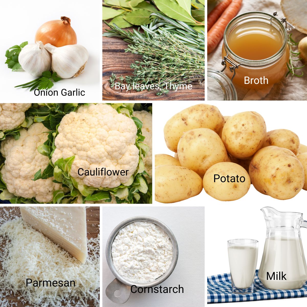 Ingredients collage for cauliflower soup.