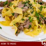 Pinterest optimized image for Lamb with pasta pappardelle.