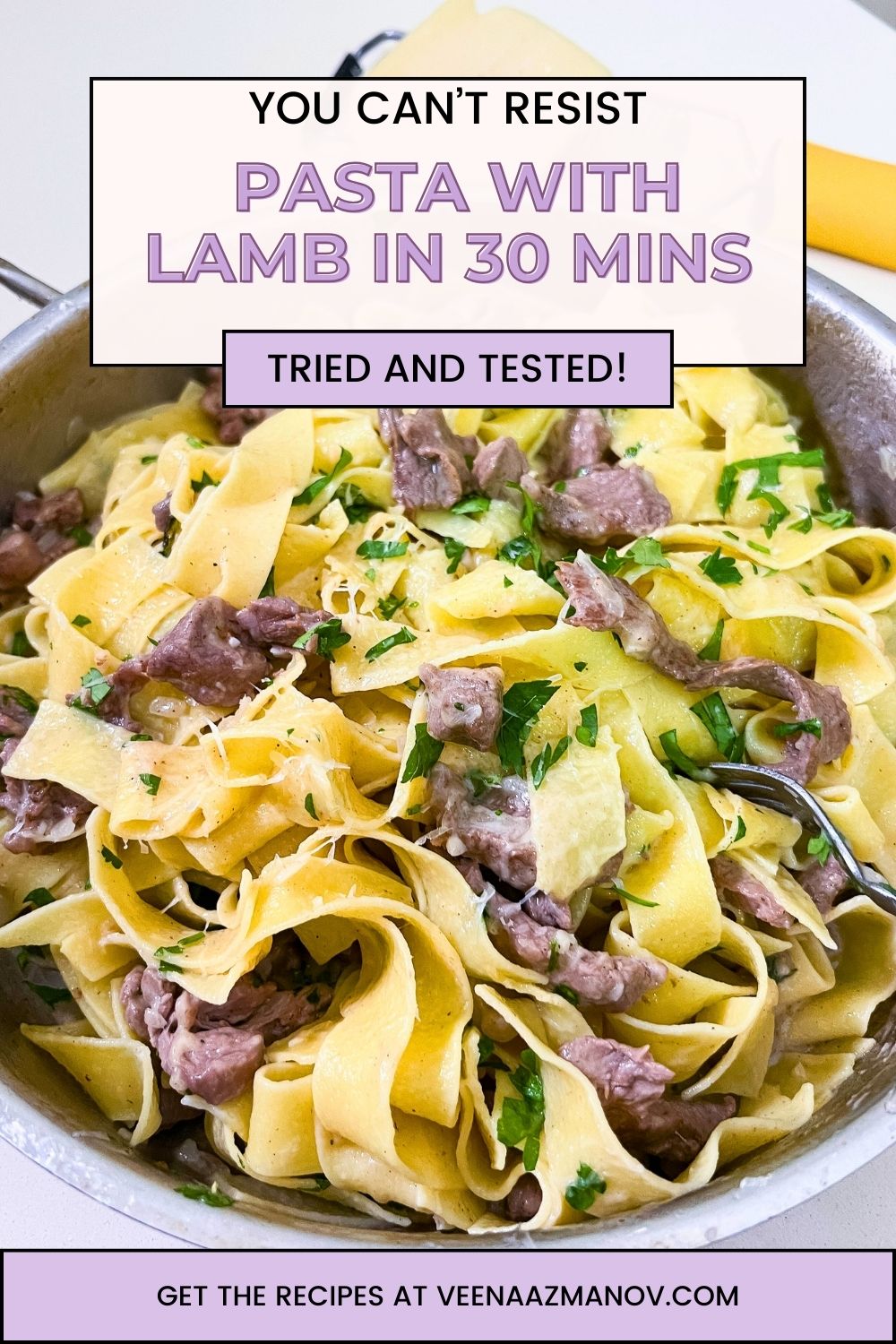 Pinterest optimized image for Lamb with pasta pappardelle.