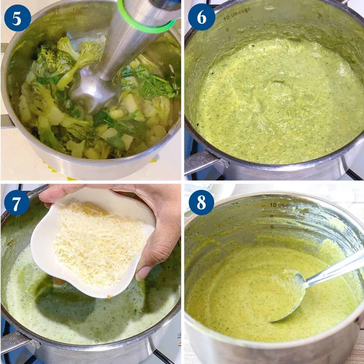 Progress pictures collage blending the broccoli soup.