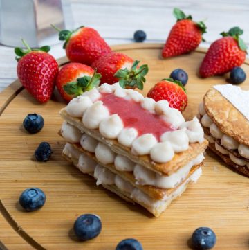 Strawberry Mille Feuille on a wooden board