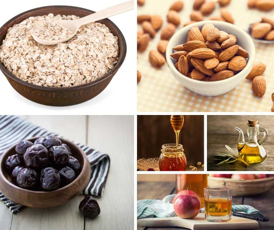 A collage of the ingredients needed to make granola with blueberries and almonds.