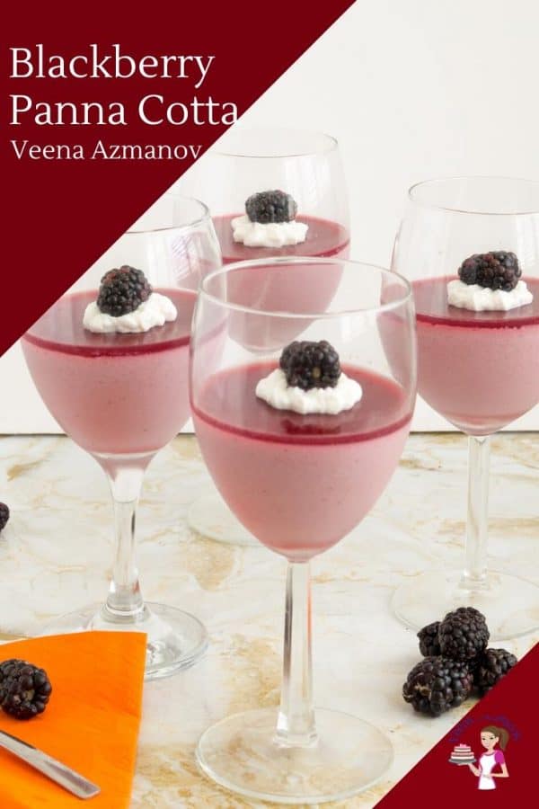 4 wine glasses filled with blackberry Panna Cotta.