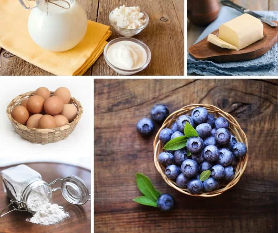 A collage of the ingredients for making a blueberry muffin.