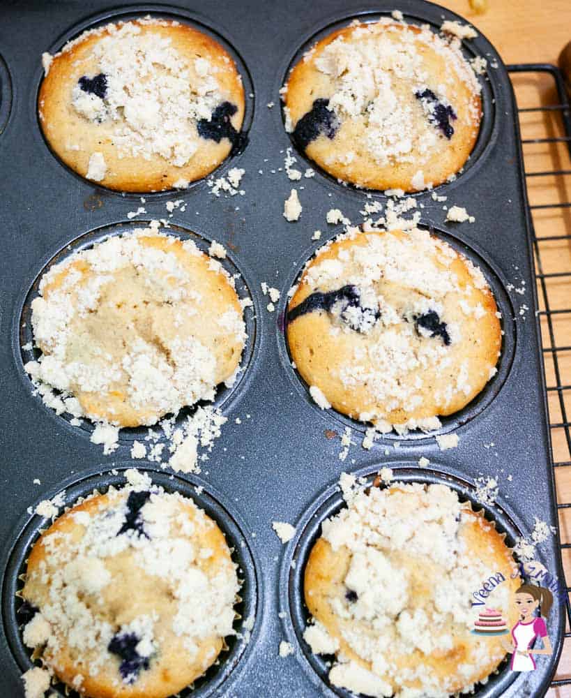 Homemade Muffins made with Blueberries and Crumble Topping