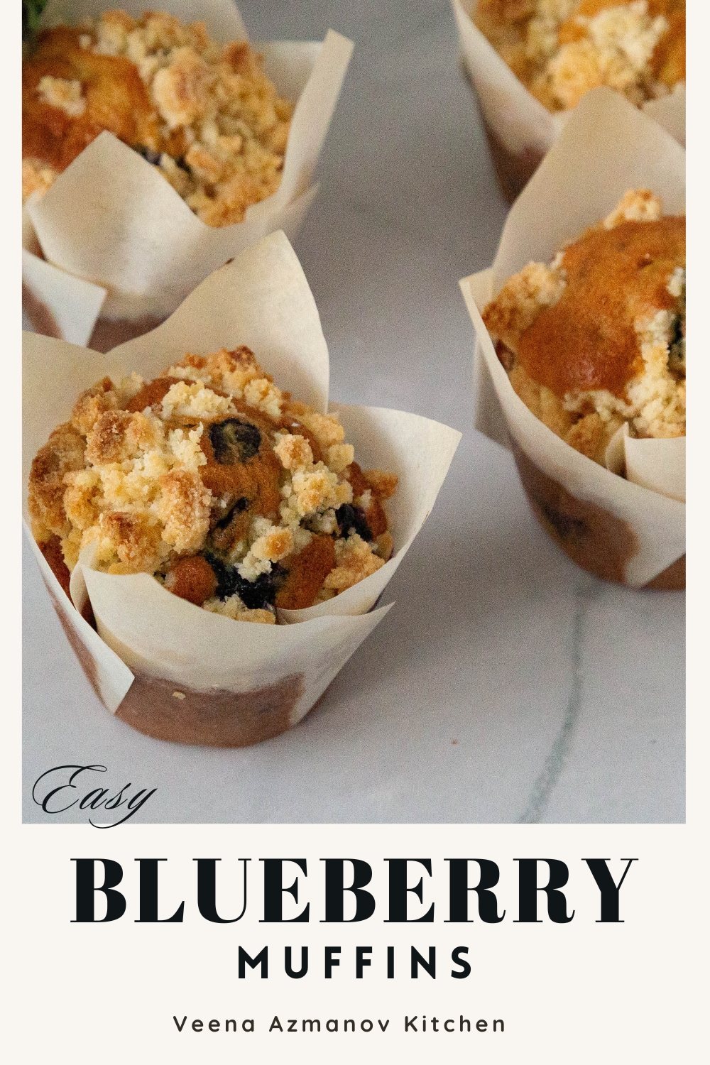 Pinterest image for Bakery Style Blueberry Crumble Muffins.
