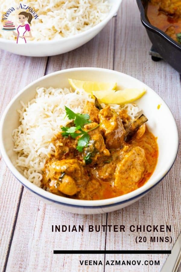 A bowl of butter chicken with rice.