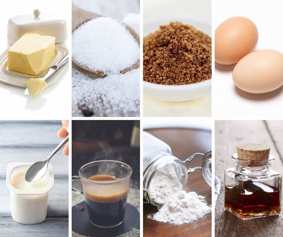 A collage of the ingredients for making cardamon mocha cake.