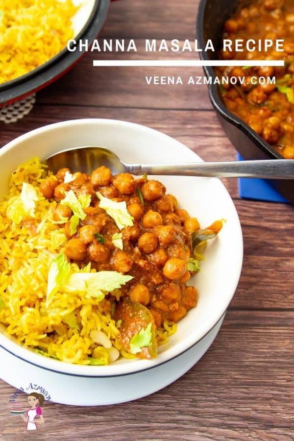 A bowl of channa masala and rice.