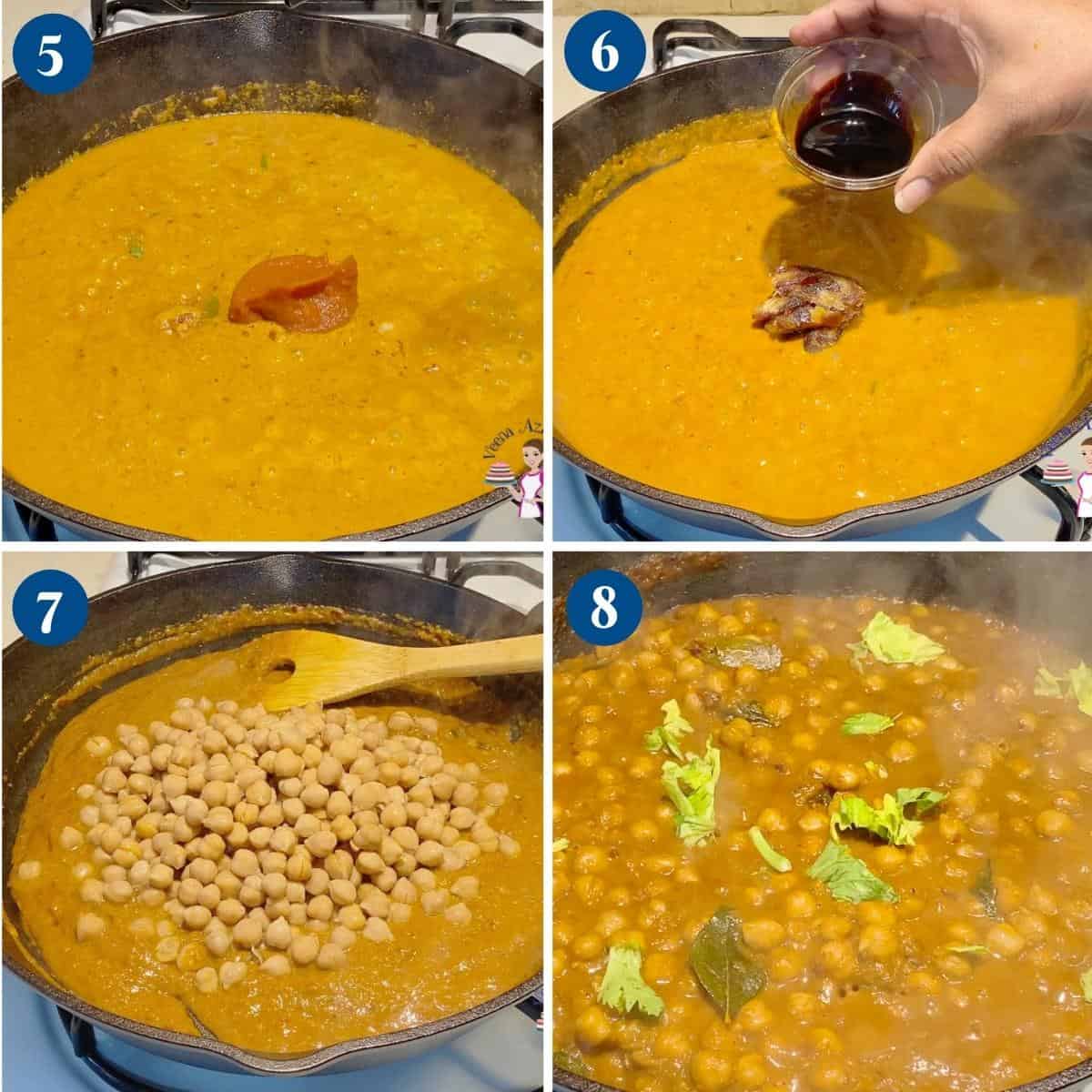 Progress pictures collage cooking the chickpeas curry.
