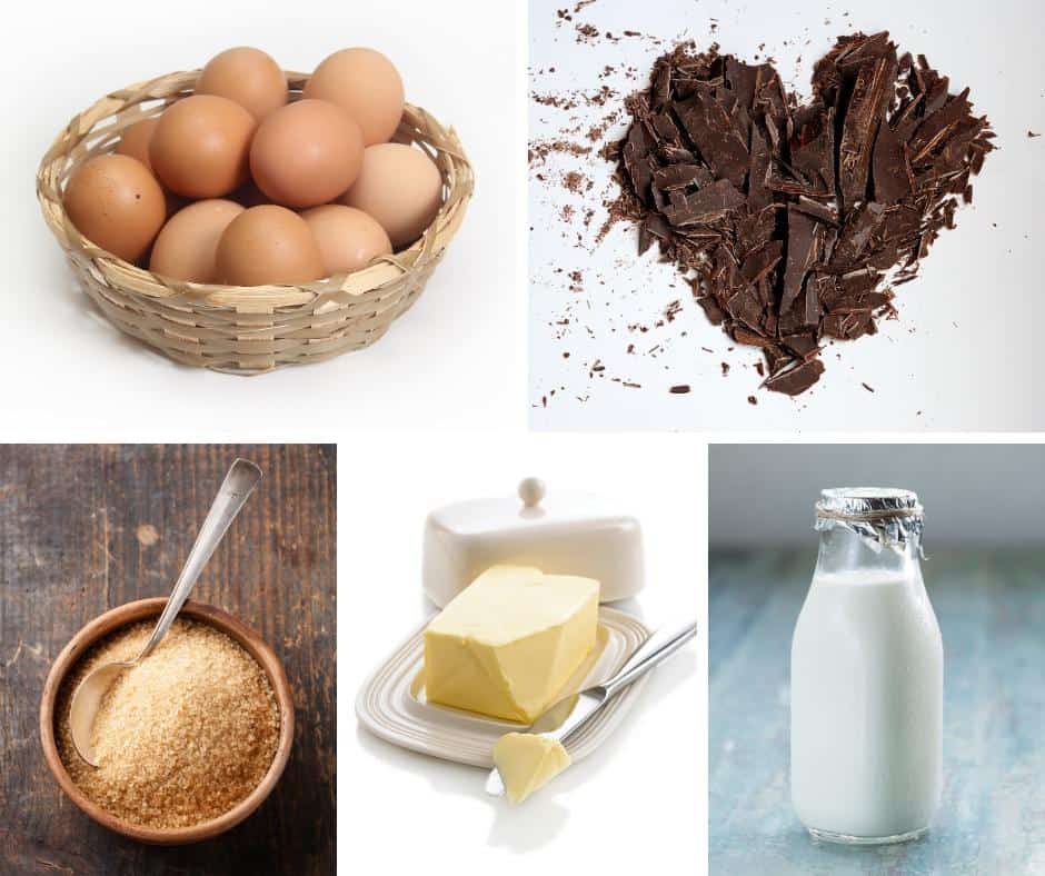 A collage of the ingredients for making a chocolate terrine dessert.