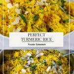 Pinterest image for rice with turmeric powder and coconut milk.