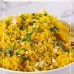 Pinterest image for rice with turmeric powder and coconut milk.