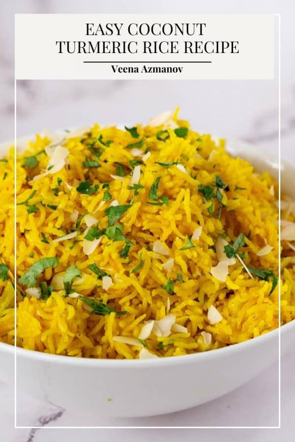 Pinterest image for rice with turmeric powder and coconut milk.