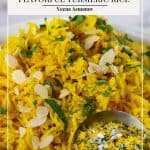 Pinterest image for rice with turmeric powder and coconut milk.