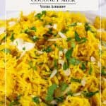 Pinterest image for rice with turmeric powder and coconut milk.