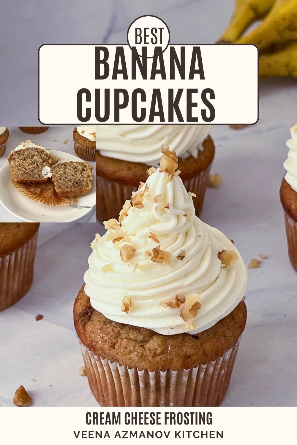 Pinterest image for Banana Cupcakes with Cream Cheese Frosting.