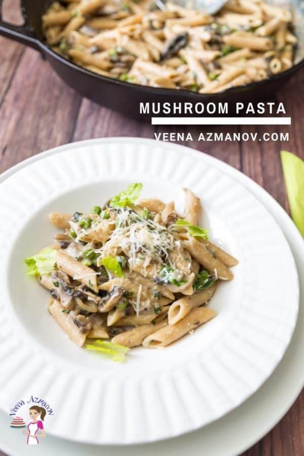 A plate of pasta with mushrooms.