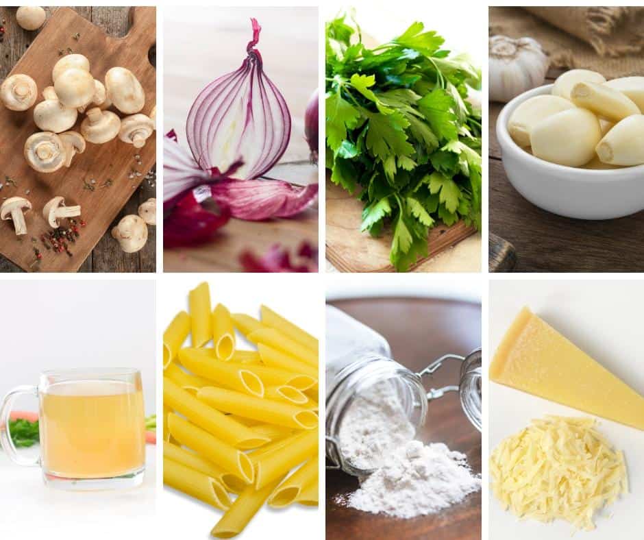 A collage of the ingredients for making pasta with mushrooms.