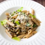 A plate with mushroom pasta.