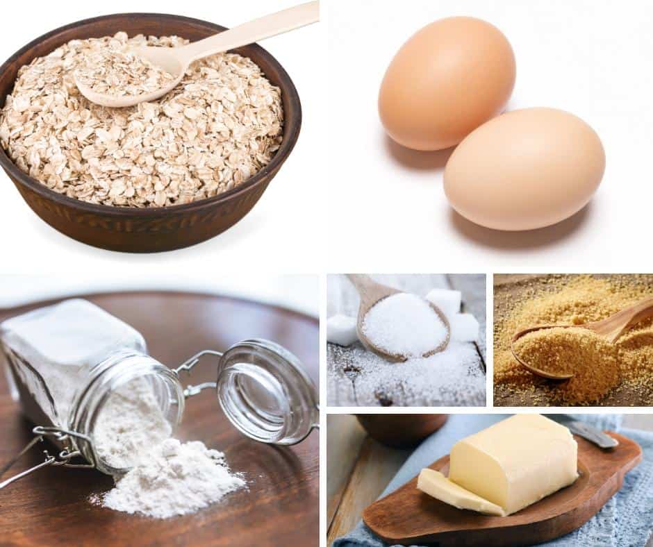 A collage of the ingredients for making oatmeal cookies.