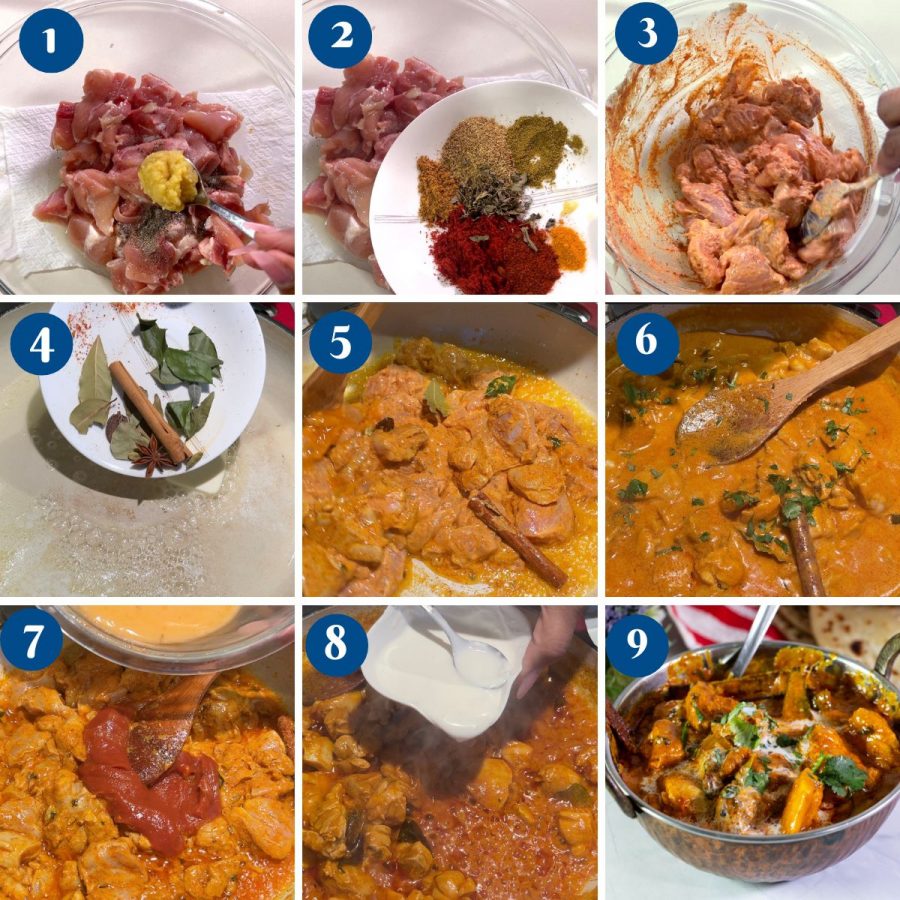 Progress pictures for Indian butter chicken.